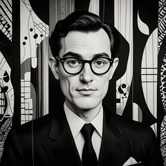 A man in a highly stylized black and white cartoon drawing, heavily inspired by mid-20th century graphic design