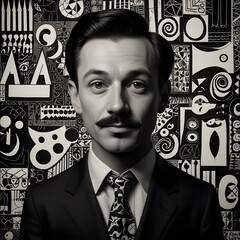 A man in a highly stylized black and white cartoon drawing, heavily inspired by mid-20th century graphic design