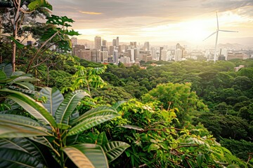 A vibrant city skyline at sunset, with a dense forest in the foreground and a prominent wind turbine representing renewable energy and green infrastructure.