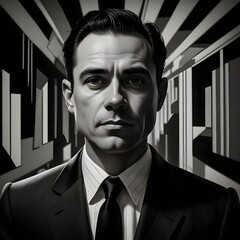 A man in a highly stylized black and white cartoon drawing, heavily inspired by mid-20th century graphic design