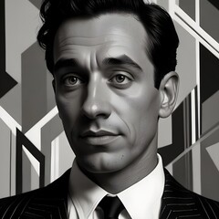 A man in a highly stylized black and white cartoon drawing, heavily inspired by mid-20th century graphic design