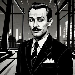 A man in a highly stylized black and white cartoon drawing, heavily inspired by mid-20th century graphic design