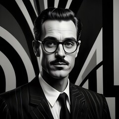 A man in a highly stylized black and white cartoon drawing, heavily inspired by mid-20th century graphic design