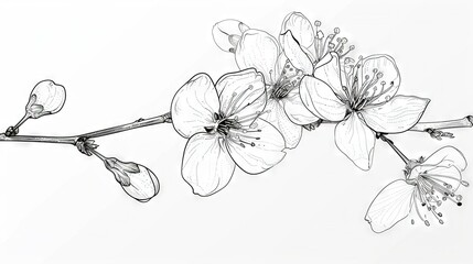   A monochrome image depicts a tree's branch adorned with blooms, foliage, and sprouts against a clean white backdrop