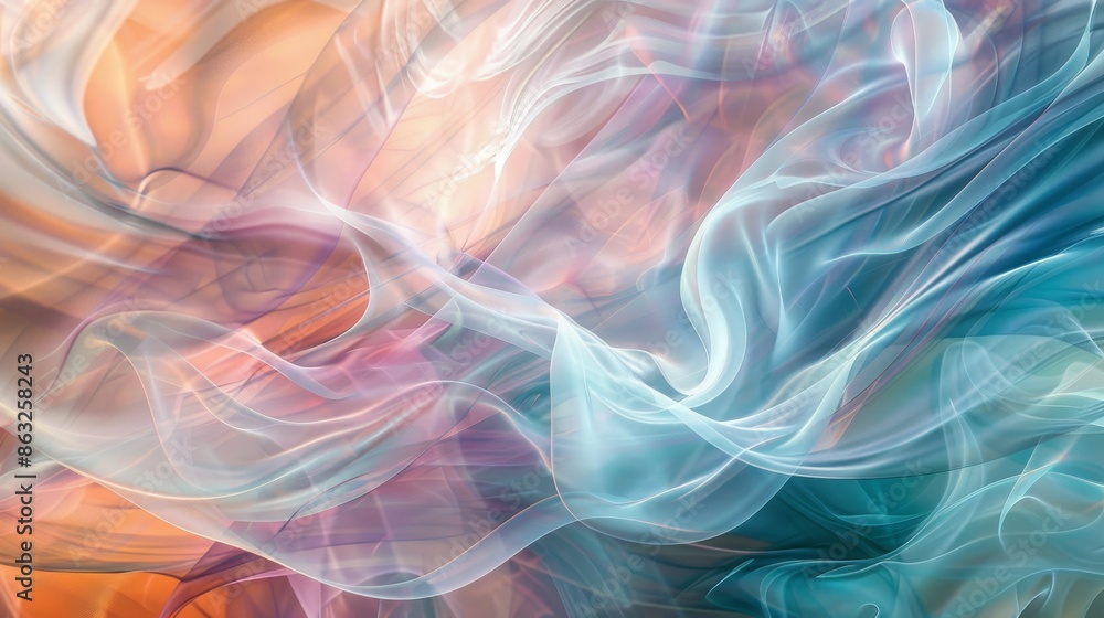 Poster Abstract colorful flowing fabric with soft light, creating a dreamy and ethereal effect.  Perfect for background or design element.