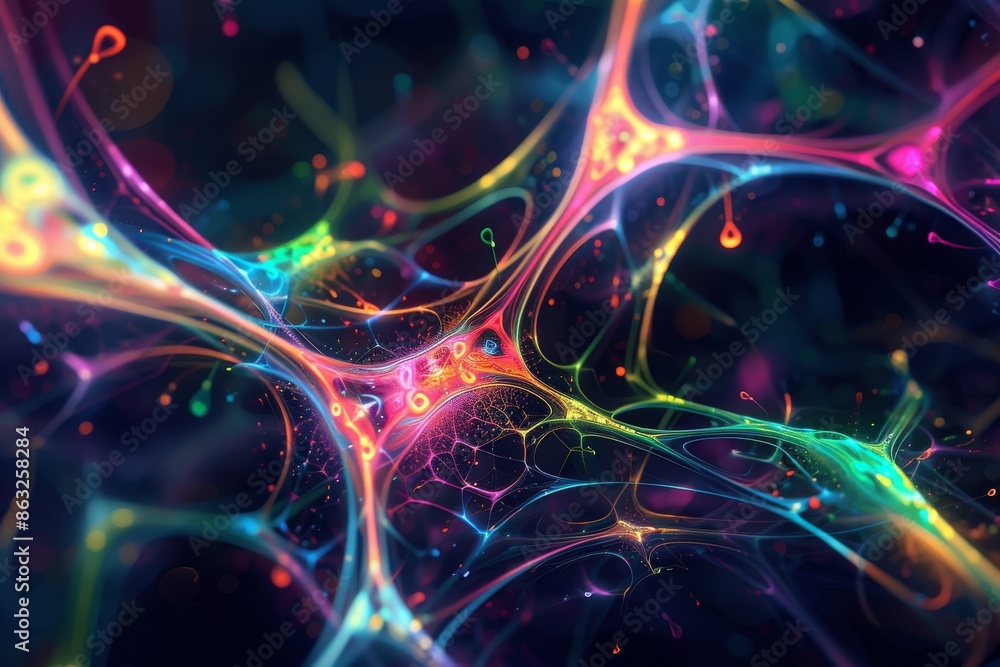 Poster abstract colorful glowing network of lines and dots on a dark background.