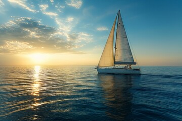 A serene sunset settles over a modern sailboat cruising on a placid ocean, with warm light reflecting on water