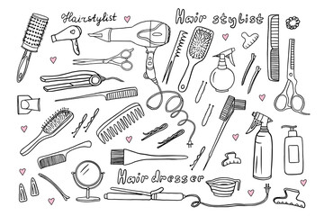 Set of hairdresser tools in doodle style.  Hair dryer, comb, hairbrush, hairpin, invisible, mirror, scissors, hairgrip, hair-slide,shampoo, curling iron. Stylist. Beauty salon. Hand drawn