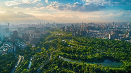 Obraz premium A cityscape featuring green corridors that connect urban parks and natural reserves.
