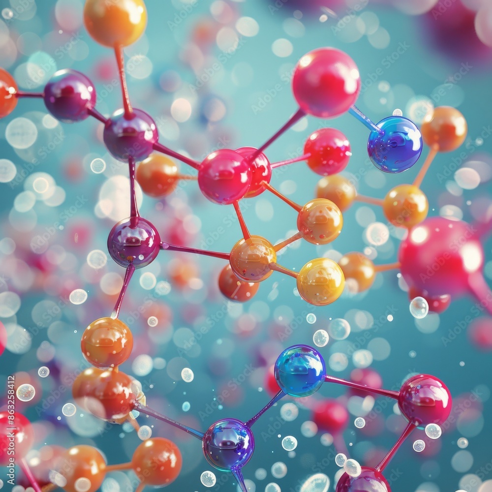 Poster abstract colorful molecular structure with floating bubbles against a blue background.