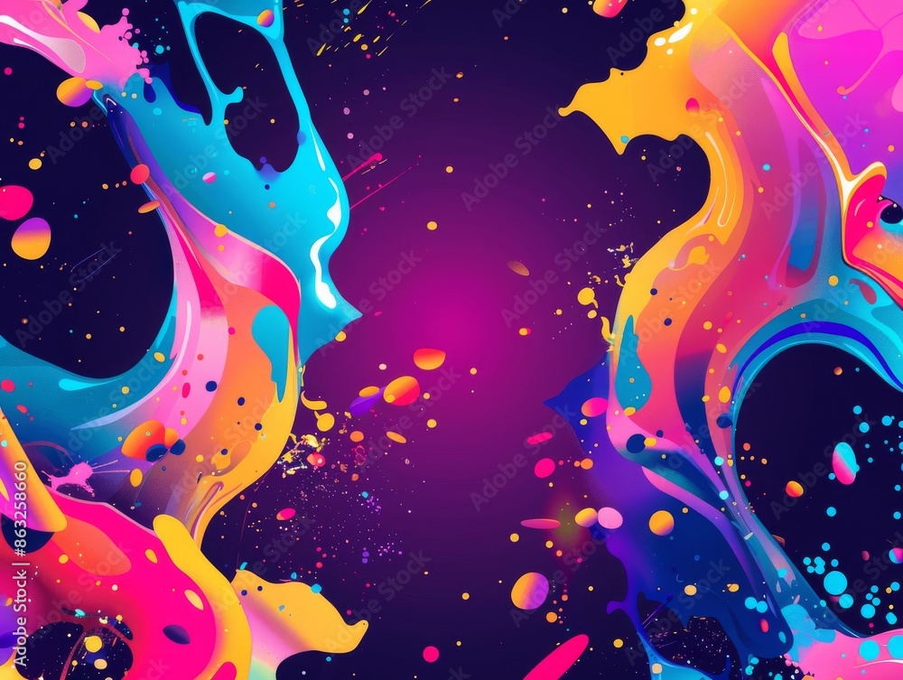 Poster abstract colorful paint splatters on a dark background. vibrant hues create a dynamic and energetic 