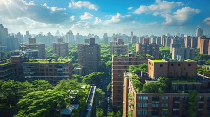Obraz premium A cityscape where green roofs and urban forests mitigate the urban heat island effect.
