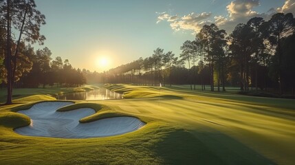 Fototapeta premium A beautiful golf course is captured at sunset or sunrise with golden light casting long shadows over the well-manicured fairways and greens.