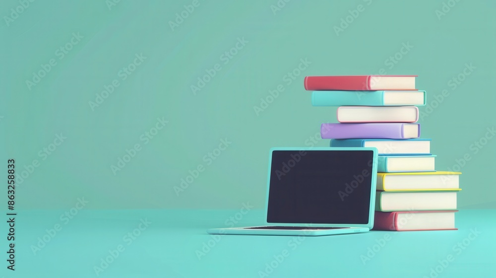 Fototapete A laptop and a stack of textbooks on a teal background represent the modern way of learning. Generative AI