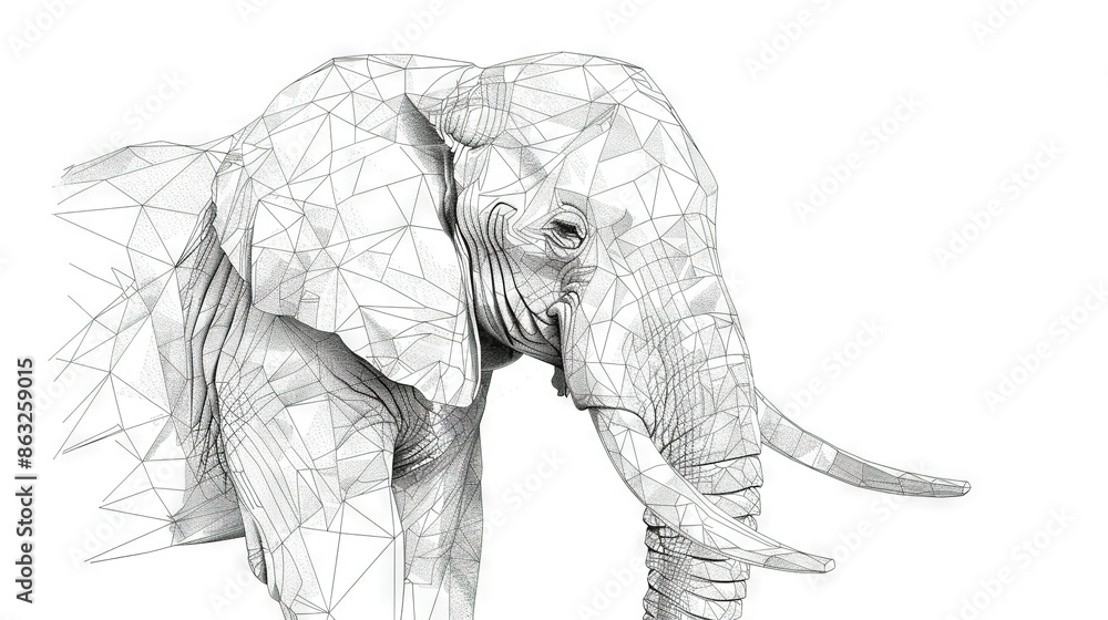 Wall mural   A monochrome image of an elephant's head and tusks, adorned with a line art representation of its trunk and tusks - Wall murals