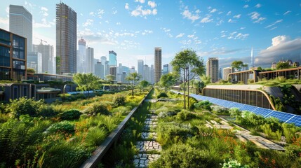 Fototapeta premium A cityscape with green roofs, solar panels, and pedestrian-friendly pathways integrated into the urban fabric.