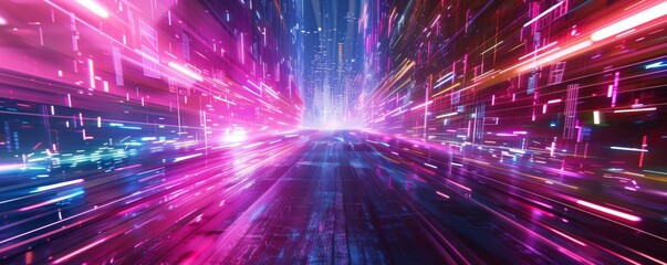 Obraz premium Abstract digital art with glowing lines in pink and blue.