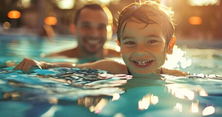 Child enjoys learning to swim with a kickboard under the supervision of a coach in the pool