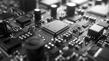 Black And White Close-Up Of A Circuit Board With A Processor Chip. Generative AI