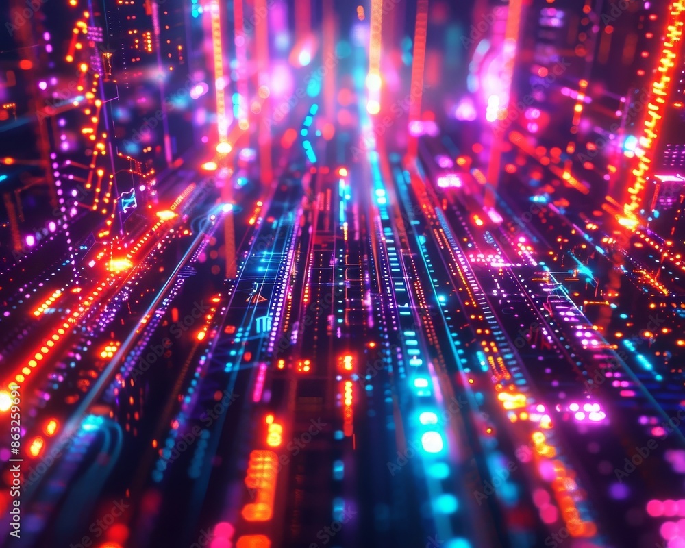Poster abstract digital background with glowing lines and particles in vibrant colors.