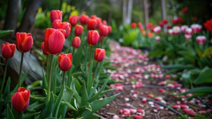 Blooming red tulips lining a garden pathway amid vibrant flowers