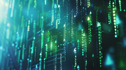 Fototapeta premium Abstract digital background with glowing green and blue arrows falling against a dark backdrop.