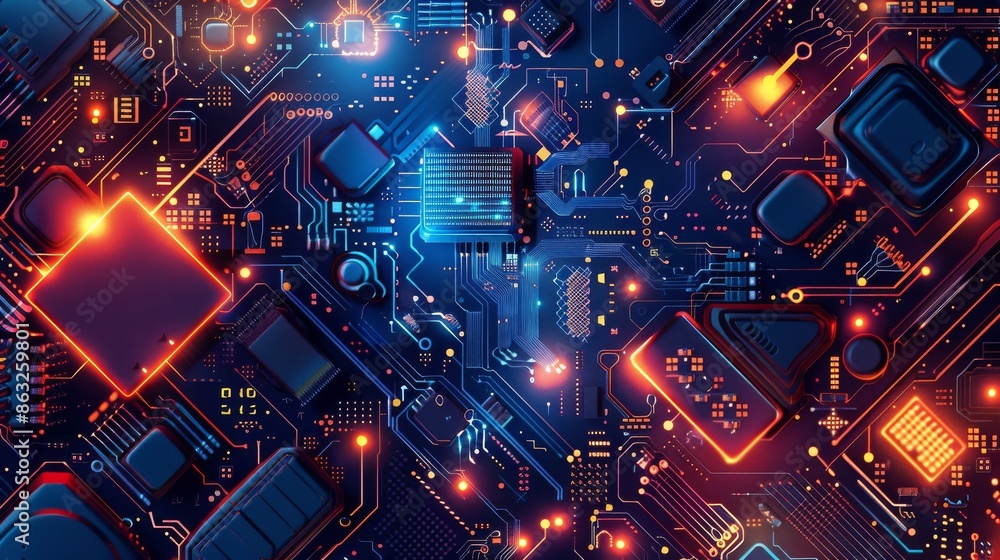 Poster abstract digital circuit board with glowing lights and intricate patterns. a vibrant and futuristic 