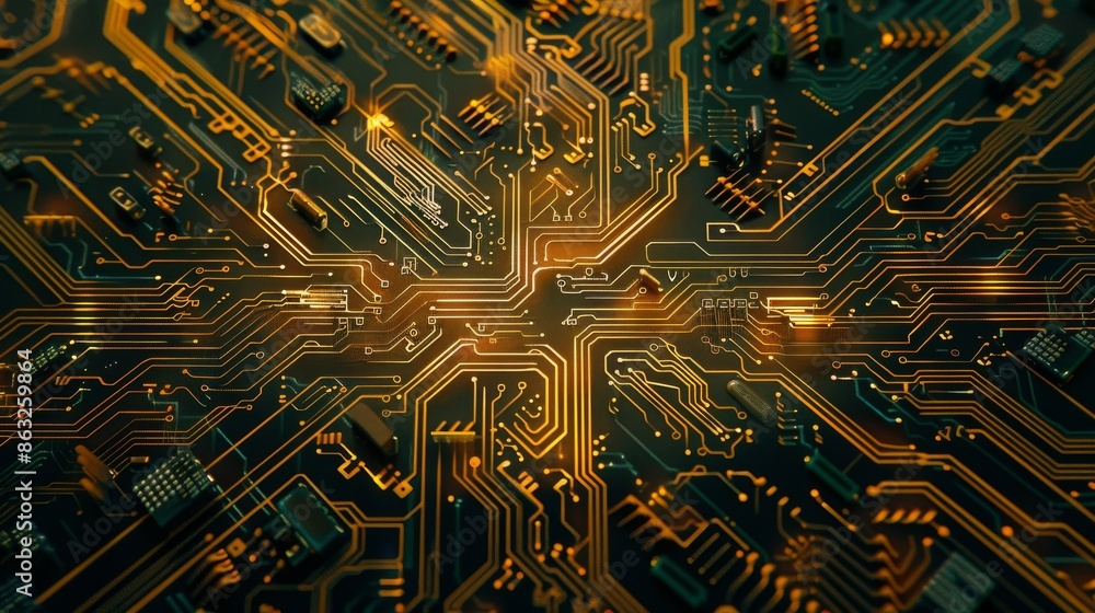 Poster abstract digital circuit board with glowing pathways. high-tech, futuristic, and complex design. per