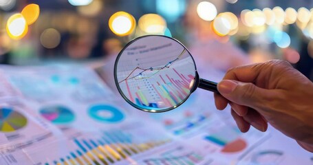Hand with magnifying glass over printed consumer insights reports and charts, emphasizing close analysis. Consumer insights
