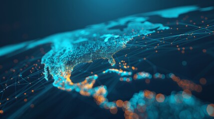 Abstract digital map of North America with glowing lines and dots.