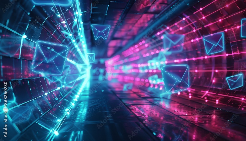 Poster abstract digital tunnel with glowing neon email symbols and data streams.