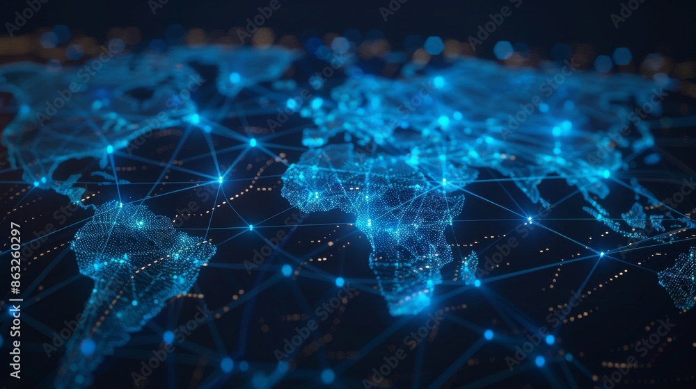 Poster abstract digital world map with glowing lines and nodes, representing global connectivity and commun
