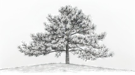   A sketch of a pine tree atop a hill with snow beneath and grass in the foreground