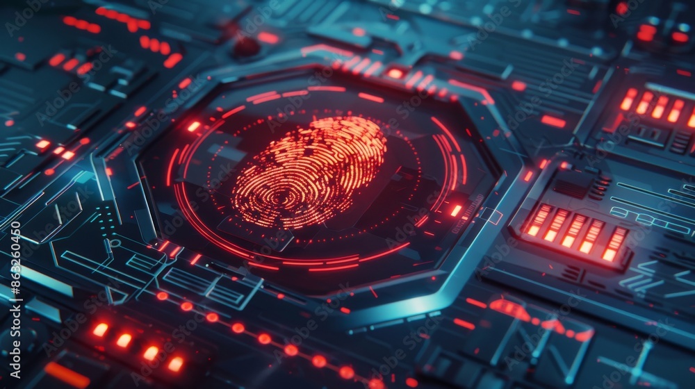 Poster abstract futuristic circuit board with a glowing red fingerprint in the center. a concept for securi