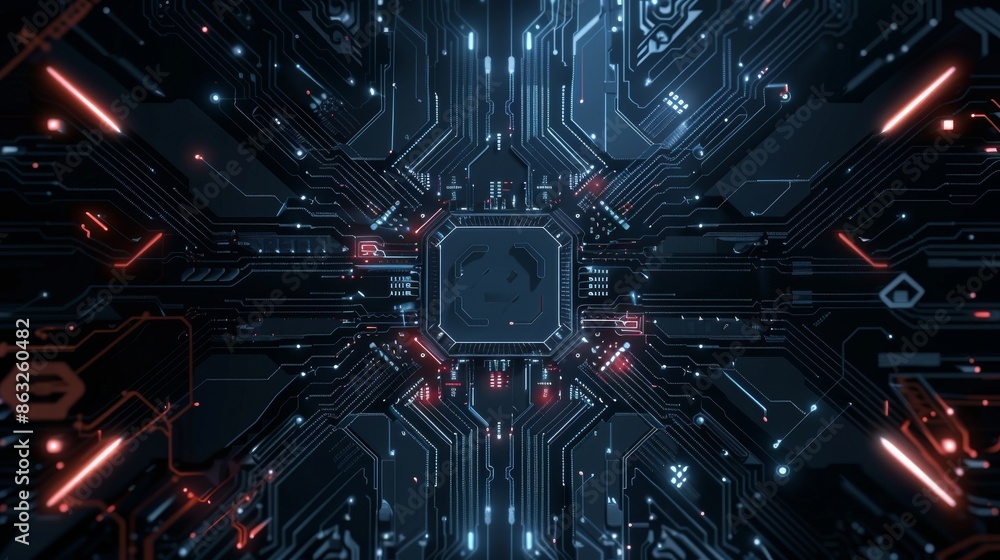 Poster abstract futuristic circuit board with glowing lines and a central processor. perfect for technology
