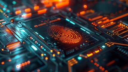 Obraz premium Abstract futuristic circuit board with a glowing fingerprint in the center. The image represents digital security and data protection.