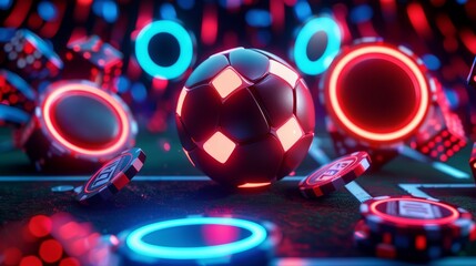 Fototapeta premium Abstract futuristic casino scene with glowing neon lights and poker chips.