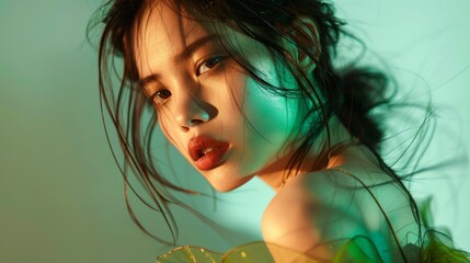 Naklejka premium Close-Up Portrait of a Woman With Long Black Hair and a Sheer Green Dress. Generative AI