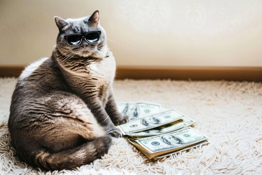 A cool hipster cat wearing sunglasses sits confidently on a plush carpet, surrounded by stacks of cash, embodying luxury and success.