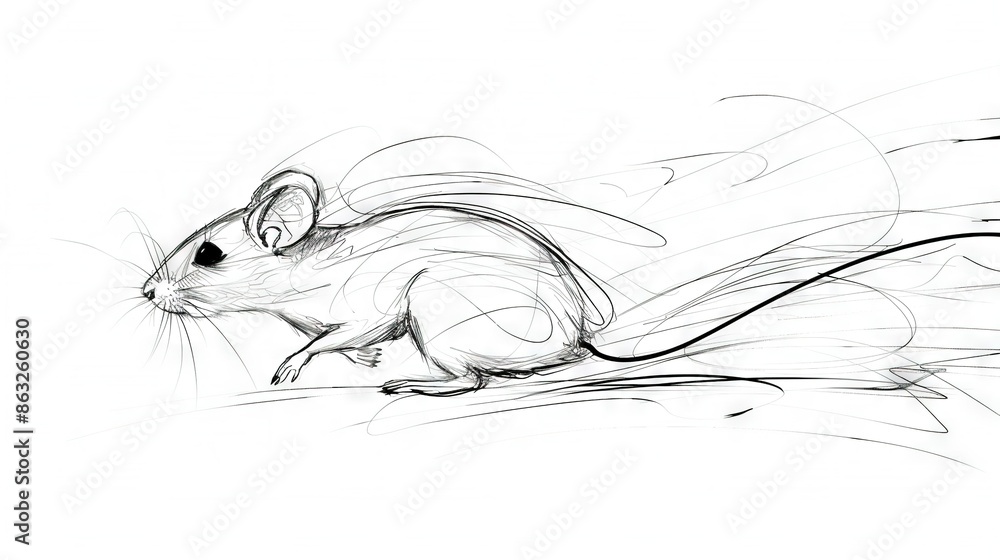 Poster a monochromatic illustration of a mouse on a white canvas with a corresponding monochromatic line dr
