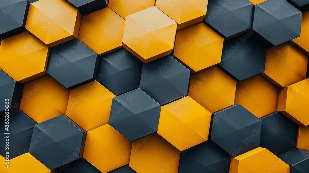 Poster abstract geometric background with black and yellow hexagonal shapes.