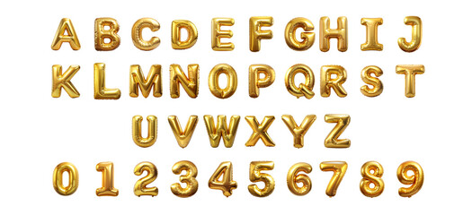 Gold foil balloon alphabet and numbers cut out png on transparent background