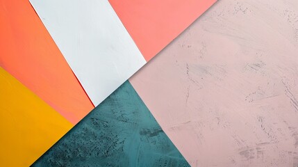 Abstract geometric background with colorful paper strips and textured surfaces.