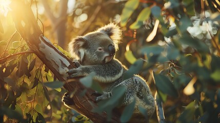 Fototapeta premium Photo of a koala shot direction from the left side pose climbing time of day dawn 