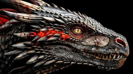A close-up view of a black and red dragon's head, showcasing intricate scales, sharp teeth, and intense yellow eyes against a dark background.