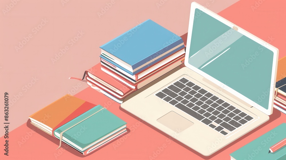 Poster a laptop and a stack of textbooks lie on a pink desk, symbolizing modern learning methods. generativ