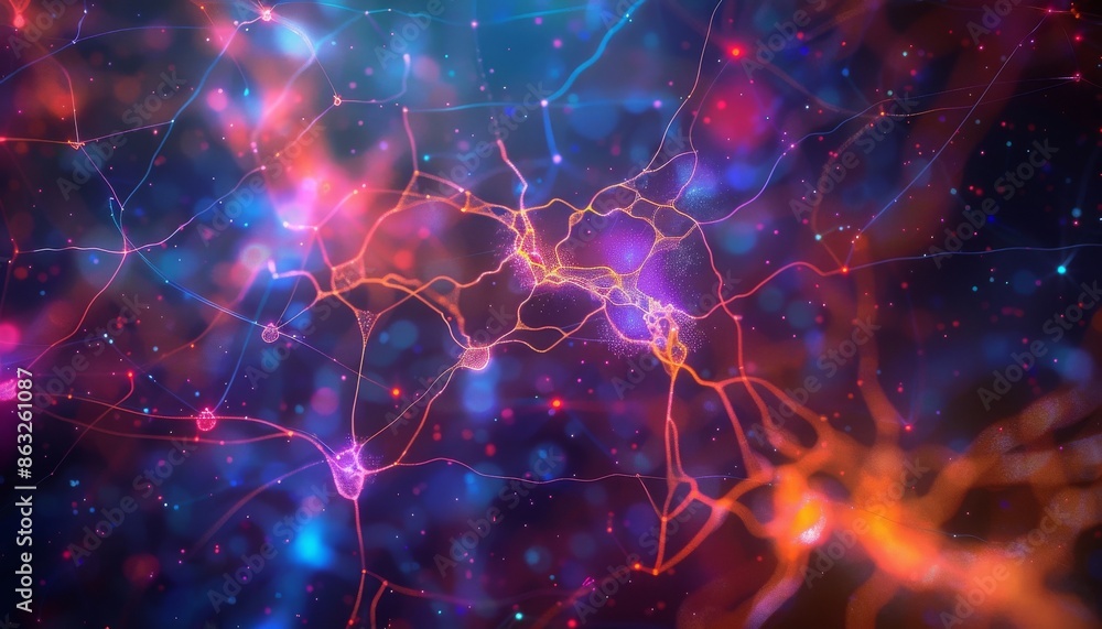 Poster abstract glowing network of lines and dots in vibrant colors.