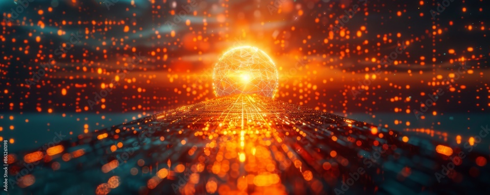 Poster abstract glowing orb with light streaks and bokeh.