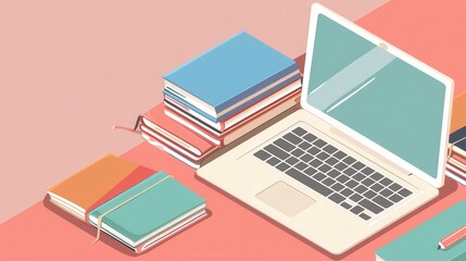 A laptop and a stack of textbooks lie on a pink desk, symbolizing modern learning methods. Generative AI