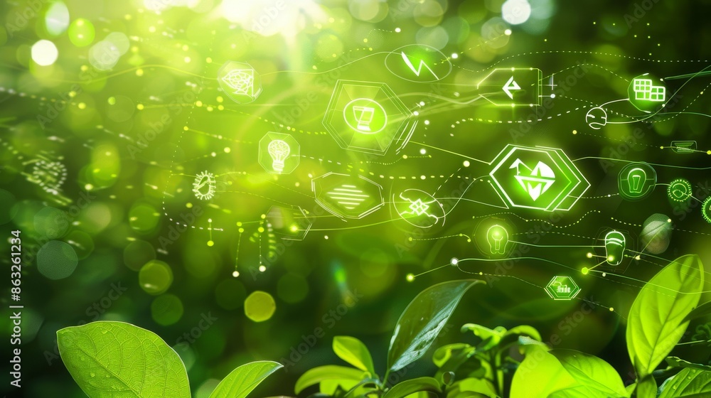 Poster abstract green background with digital icons and bokeh lights, representing technology and nature.